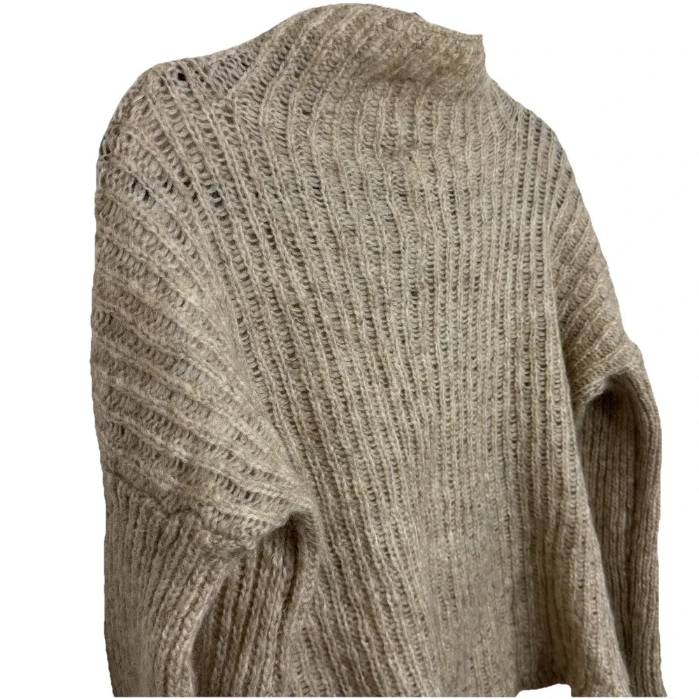 Eileen Fisher Open Knit‎ Mohair Turtleneck Mock Neck Hi Low Oatmeal Sweater Sz L